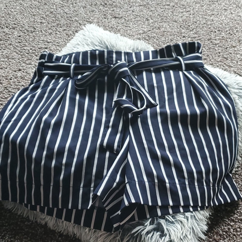 Navy Striped Paperbag Waist Shorts